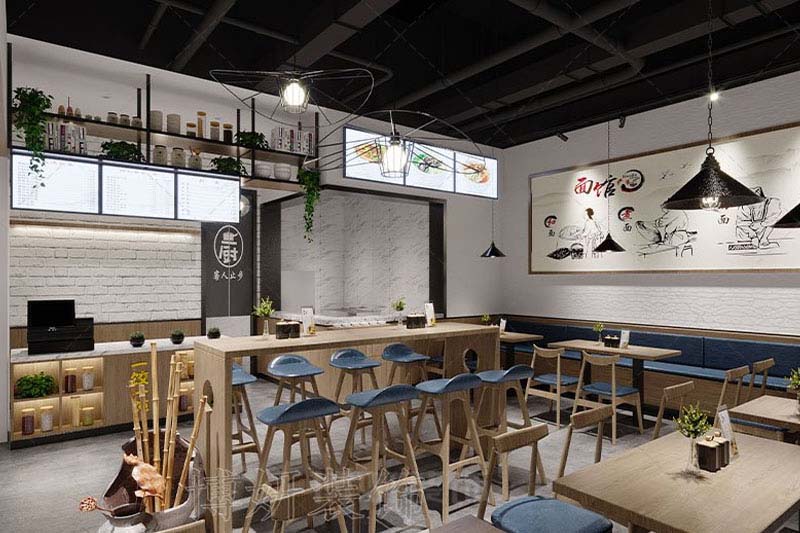 南京饺子混沌小吃店古今融合装修设计方案效果图-南京沙巴足球工装公司